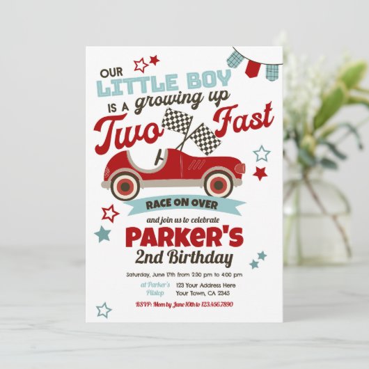 レースカーをテーマにしたパーティの招待状(2回目の誕生日) 招待状 (スタンド正面)