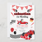 レースカーをテーマにした第1の誕生日パーティの招待状 招待状 (正面)