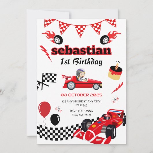 レースカーをテーマにした第1の誕生日パーティの招待状 招待状