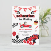 レースカーをテーマにした第1の誕生日パーティの招待状 招待状 (スタンド正面)