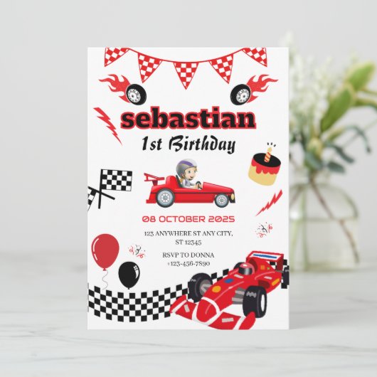 レースカーをテーマにした第1の誕生日パーティの招待状 招待状 (スタンド正面)