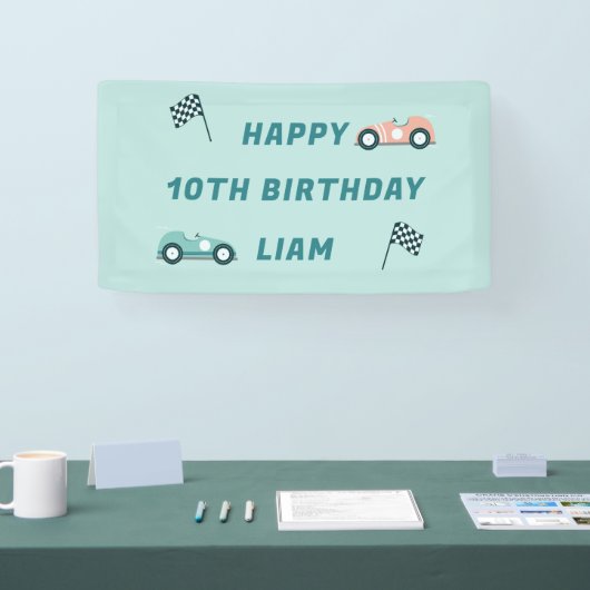 レースカーをテーマにした誕生日パーティバナー 横断幕 (トレードショー)