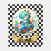 レースカーを運ぶかわいい恐竜 フリースブランケット (正面)