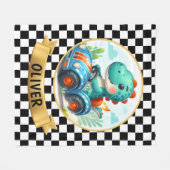 レースカーを運ぶかわいい恐竜 フリースブランケット (正面(横))