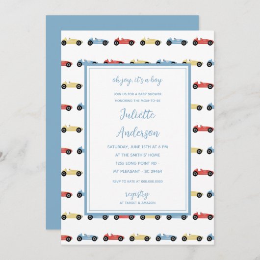 レースカークラシックズブルーボーイベビーシャワー 招待状 (正面/裏面)