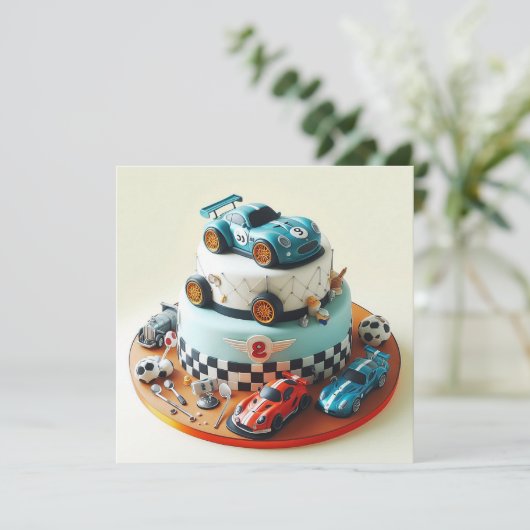 レースカークールをテーマにした子供の誕生日ケーキ カード (スタンド正面)