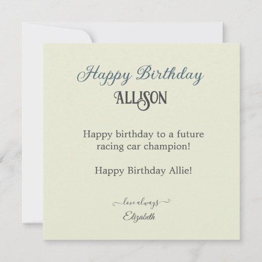 レースカークールをテーマにした子供の誕生日ケーキ カード (裏面)