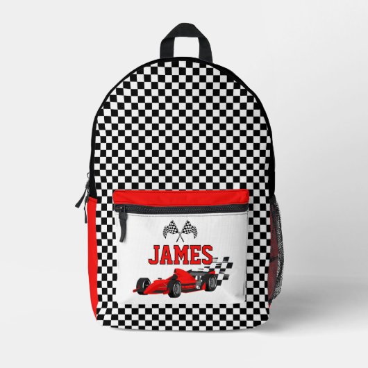 レースカークールボーイ名前をカスタムするパーソナライズされた プリントバックパック (正面)