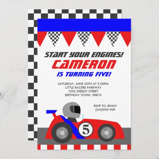 レースカーゴーカート誕生日パーティーの招待 招待状 (正面/裏面)