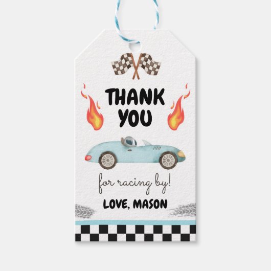 レースカーサンキューブルーレーシングブルーボーイ誕生日 ギフトタグ (正面)