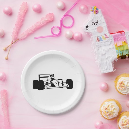 レースカーシルエット黒と白 ペーパープレート (パーティー)