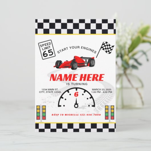 レースカースピードウェイ市松模様に誕生日 招待状 (スタンド正面)