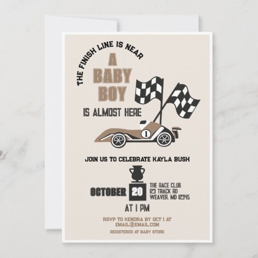 レースカースポーティ男の子ベビーシャワー 招待状 (正面)