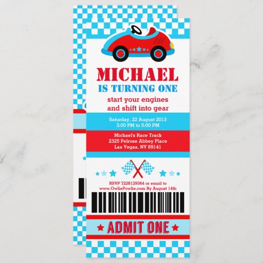 レースカーチケットパス誕生日パーティーの招待 招待状 (正面/裏面)