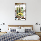 レースカーテンとチューリップ付き窓 キャンバスプリント (インサイチュ (寝室))