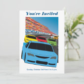 レースカーバースデーパーティーの招待 – 編集可能 招待状 (スタンド正面)