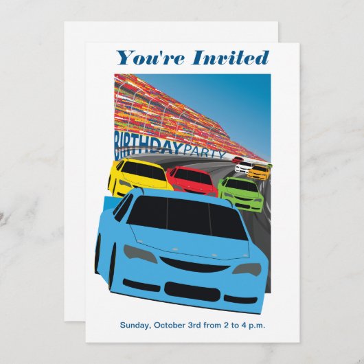 レースカーバースデーパーティーの招待 – 編集可能 招待状 (正面/裏面)
