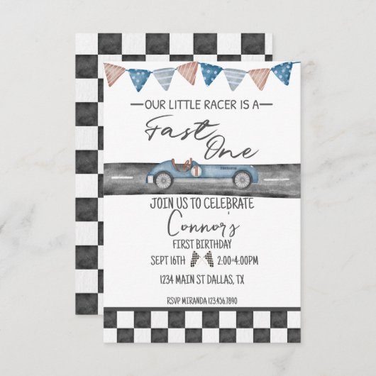 レースカーファーストワンファースト誕生日招待状 招待状 (正面/裏面)