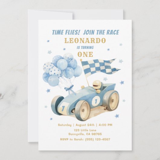 レースカーブルーウォーターカラーボーイファースト誕生日 招待状 (正面)