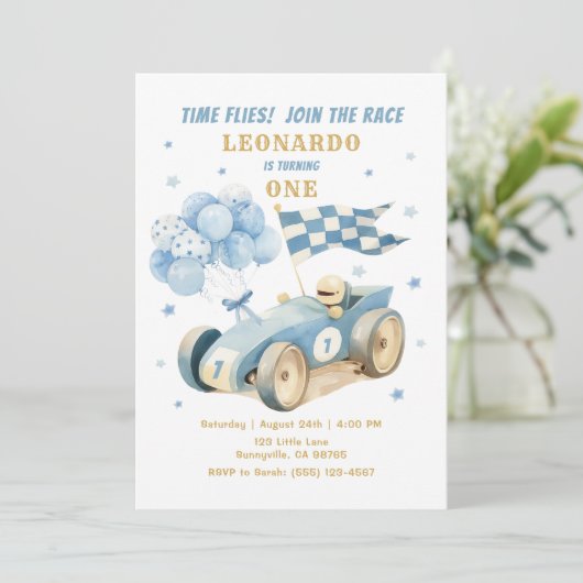レースカーブルーウォーターカラーボーイファースト誕生日 招待状 (スタンド正面)
