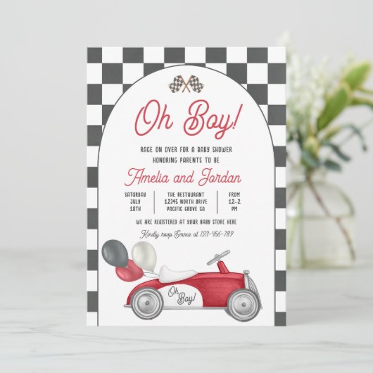 レースカーベビーシャワーボーイレッドレースカーシャワー 招待状 (スタンド正面)