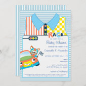 レースカーボーイブルーキツネレースカードライバー赤ちゃんシャワー 招待状 (正面/裏面)