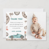 レースカーボーイ誕生日パーティフォトサンキューカード 招待状 (正面)