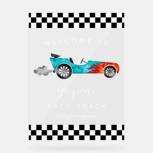 レースカーボーイ誕生日パーティーサイン アクリルサイン (正面)