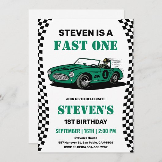 レースカーボーイ1歳の誕生日 招待状 (正面/裏面)