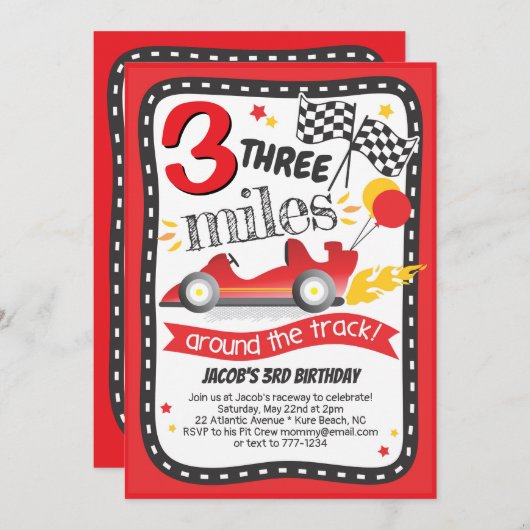 レースカーマイルズのまわりにザトラックボーイ誕生日 招待状 (正面/裏面)