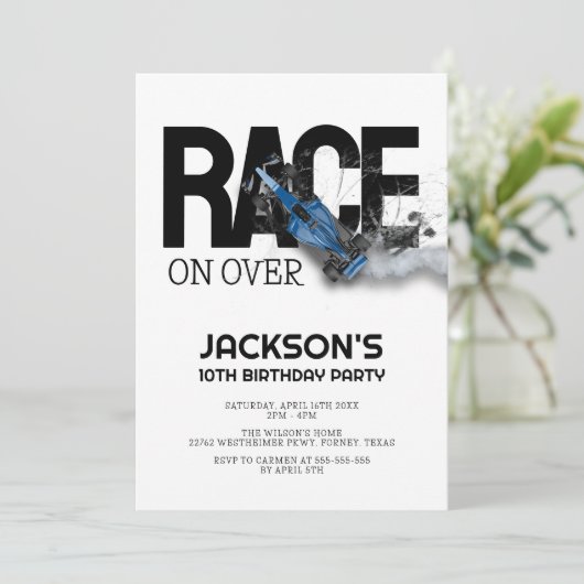 レースカーモダンボーイ誕生日パーティーでレース 招待状 (スタンド正面)