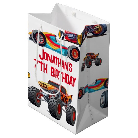 レースカーモンスタートラックカーレース誕生日 ミディアムペーパーバッグ (正面アングル)