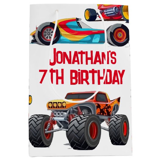 レースカーモンスタートラックカーレース誕生日 ミディアムペーパーバッグ (正面)
