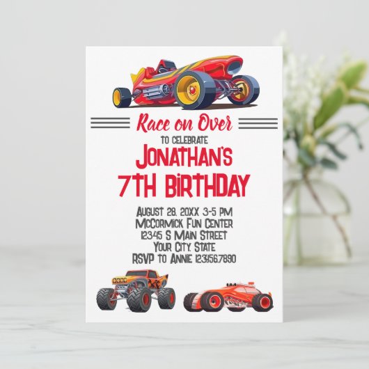 レースカーモンスタートラックカーレース誕生日 招待状 (スタンド正面)