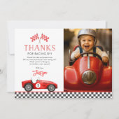 レースカーレッドレーシングボーイ1stバースデーフォト サンキューカード (正面)