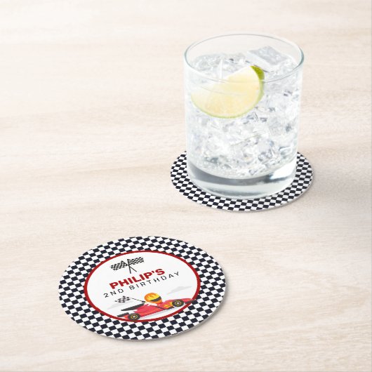 レースカーレーシングツーファーストボーイバースデーパーティー ラウンドペーパーコースター (インサイチュ)