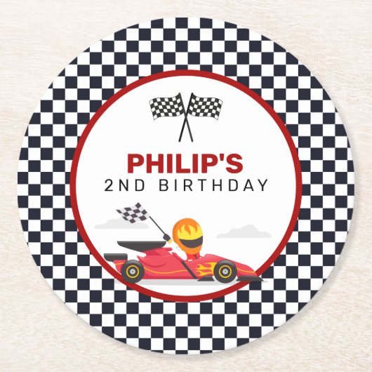 レースカーレーシングツーファーストボーイバースデーパーティー ラウンドペーパーコースター (正面)
