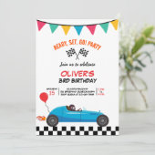 レースカー子供の誕生日パーティーグリーティングフラットカード 案内状 (スタンド正面)