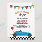 レースカー子供の誕生日パーティーグリーティングフラットカード 案内状 (正面/裏面)
