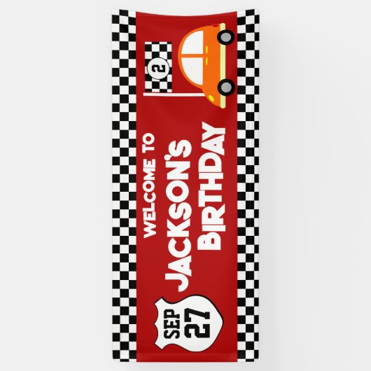レースカー子供の誕生日パーティー 横断幕 (縦)