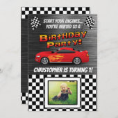 レースカー市松模様にフラッグフォトボーイズ誕生日パーティー 招待状 (正面/裏面)