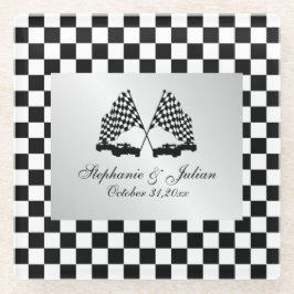 レースカー市松模様に国旗 ガラスコースター