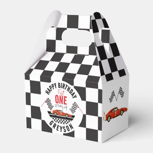 レースカー愛用ボックス – Fast One 1 Birthdayパーティー フェイバーボックス (正面サイド)