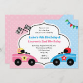 レースカー招待状 – ツインズ誕生日ボーイガール 招待状 (正面/裏面)