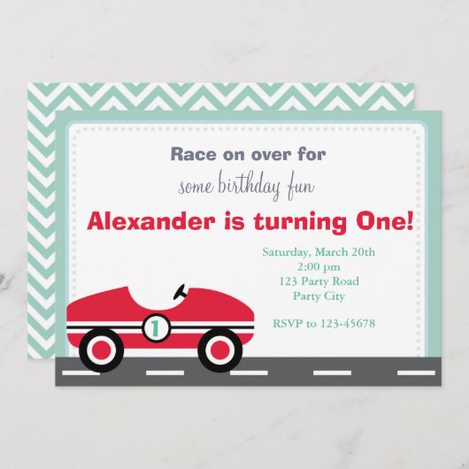 レースカー招待状(男の子の誕生日に乗る) 招待状 (正面/裏面)