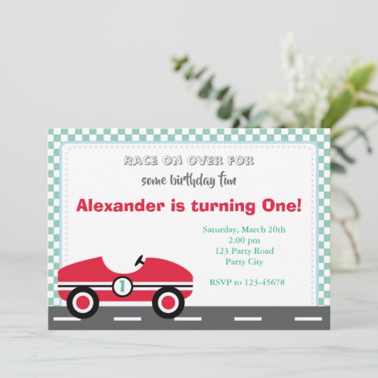 レースカー招待状(男の子はティール(緑がかった色)レッドに乗る) 招待状 (スタンド正面)