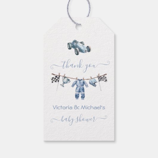 レースカー物干しガキ男の子シャワー ギフトタグ (裏面)