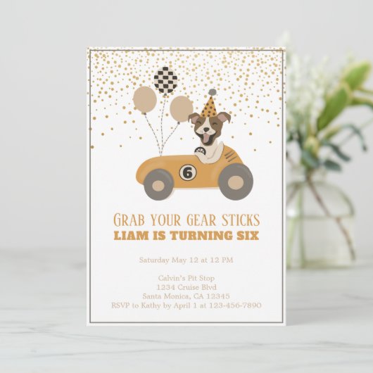 レースカー犬ボーイズ六歳の誕生日パーティー 招待状 (スタンド正面)
