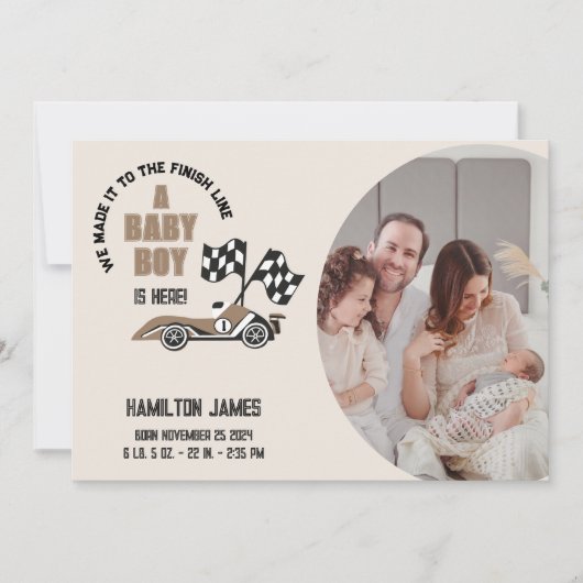 レースカー男の赤ちゃん誕生写真 案内状 (正面)