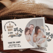 レースカー男の赤ちゃん誕生写真 案内状